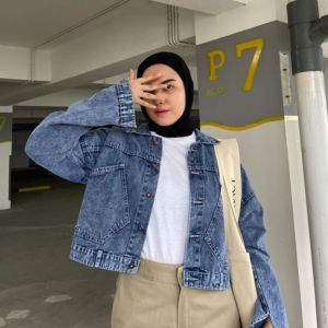 Jaket Crop Top Jeans Wanita Jumbo Ld 140cm Oversize Jaket Jeans Wanita Terbaru Korean Style Muat BB 100kg