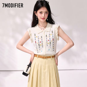 7.Modifier | Áo Thun Croptop Cổ Peter Pan Tay Ngắn Có Thêu Hoa Họa Tiết Làm Mát