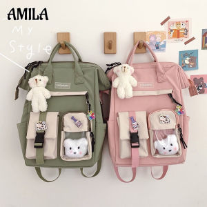 AMILA กระเป๋านักเรียนระดับกลางของผู้หญิง กระเป๋าเป้ Ins สไตล์เกาหลีความจุขนาดใหญ่ลำลองสำหรับนักเรียนม ปลาย