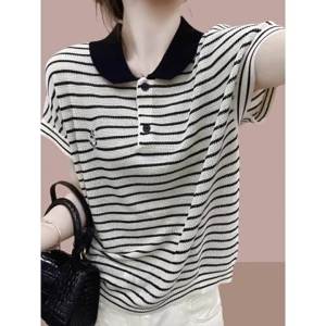 Cooling Ice Silk Striped Polo Collar Slim Fit Loose T-Shirt