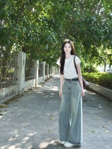 Quần Jeans Ống Rộng Cạp Cao Màu Xanh Nhạt Phong Cách Hồng Kông Quần Dài Thường Ngày Dáng Rộng Quần Jeans Denim Dài Cho Nữ Mùa Hè