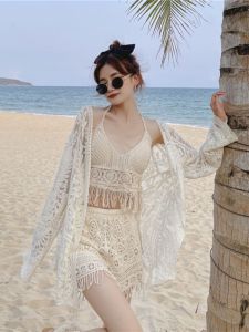 Summer Vacation Suit K-style Lace Sun Protection Outwear + Small Sling Vest + Lace Short Pants Three-Piece Set for Women