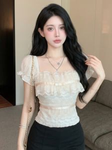 GUZILIAN | Square Neckline Puff Sleeves Lace Paneling Bow Design Slimming Age-Defying T-Shirt