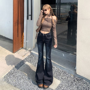 Deep Blue Low Waist Bell Bottom Denim Jeans Womens Spring Autumn New Style American Retro Spicy Girl Slimming Cotton Stretch Jeans