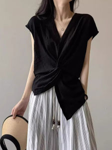 CHOEFULYN | Áo Blouse V-Neck Kéo Xéo Không Tay Ôm Sát Phong Cách Pháp