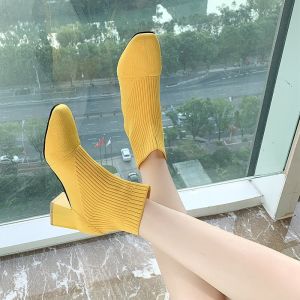 White Knitted Slim Boots Womens High Heel Short Boots Fashionable Chunky Heel Martin Boots Elastic Sock Boots Korean Style