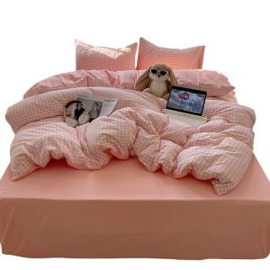KAMONI | Cotton Bed Sheet Set with Pillowcase and Duvet Cover Pink Checkered Pattern