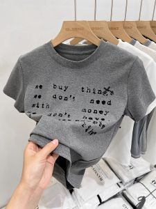 Grey Versatile Short Sleeve T-Shirt Womens Fashionable Shoulder Line Youthful Short Length Top Summer New Arrival Printed Creative Butterfly Knot Letter