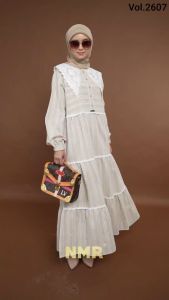 NMR Midi Dress Bulu kuda Salur Kerah Renda Vol 2607-1