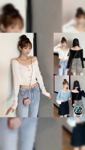 K18💜Korean เสื้อครอปแขนยาว กระดุมแป๊ก ปาดไหล่เซ็กซี่