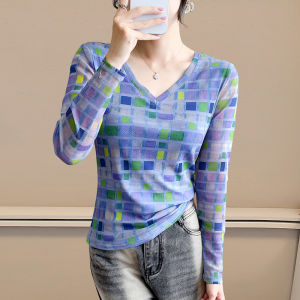 REHIN เสื้อยืดคอวีลายตารางสำหรับผู้หญิงเสื้อยืดแขนยาวพิมพ์ลายลายตารางคอวียืดเข้ารูปพอดีฤดูใบไม้ร่วงฤดูหนาวเสื้อสตรีแฟชั่น