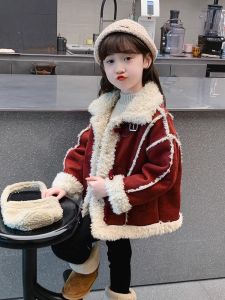 เสื้อแจ็คเก็ตผ้าขนแกะหนาสำหรับเด็กผู้หญิงฤดูใบไม้ร่วง/ฤดูหนาว สีแดง เสื้อคลุมกันหนาวแบบสวมหัว แขนยาว ปกป้องจากลม ทรงหลวม แฟชั่น