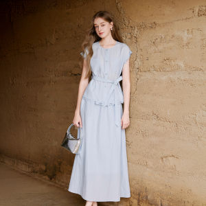 XIANGYING | Summer Autumn Linen Waist-Cinching Two-Piece Dress Set