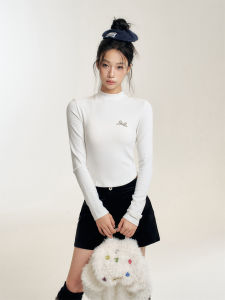 Cheeeeseem Half High Collar T-Shirt with Beaded Butterfly Knot Asymmetrical Hem Korean Style Long Sleeve Womens Top