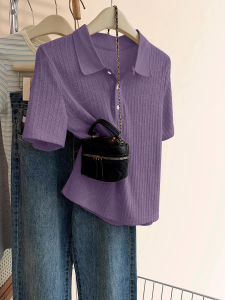V.C.I | Purple Polo Collar Ice Silk Short Sleeve Loose Short-style Knit Top