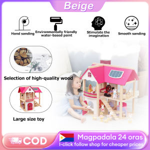 Educational Wooden Dollhouse for Girls Pink Villa with Furniture DIY Building Kit Creative Gift for Kids