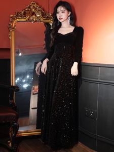 Elegant Black Long Sleeve Evening Gown Womens High Waist Sequin Floor Length Dress for Wedding Company Annual Dinner Adult Ceremony