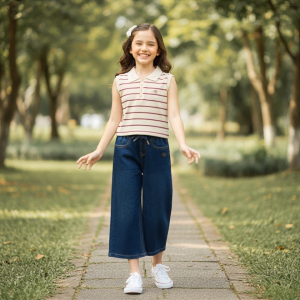 Moose Girl Ivory and Dark Maroon Stripe Sleeveless Blouse With Embroidery Print Details (GSSL 602 8040)