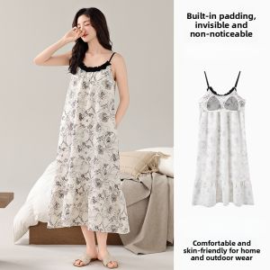 Miiow | Cat Woman Long Sleeveless Dress With Chest Pad Breathable Womens Nightgown Home Clothes Luxury Style Summer Season Polyester Fiber