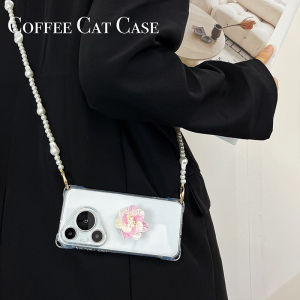 Korean Style Pink Pearl Flower Bracket Minimalist Temperament Chain Crossbody Back Suitable for Apple 15promax Strap Crossbody Iphone13 Wrist Lanyard Female New Arrival Huawei Pura70pro