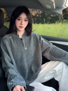 เสื้อยืดแขนยาวลายกระดูกปลา คอกลม สไตล์ฮีเลียร์ ทรงหลวม สำหรับผู้ชาย เสื้อชั้นในฤดูใบไม้ร่วง สไตล์อเมริกัน เสื้อผ้าทำงาน