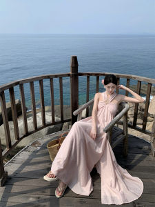 French Elegant Vacation Dress Fairy Pink Neck Hanging Strap Long Beach Atmosphere Sensation Photography Skirt A-Line Summer Gown