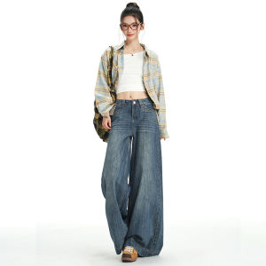 American Retro High Waist Wide Leg Blue Jeans Womens Autumn New Loose Long Pants Washed Denim Slimming Effect Casual Jeans