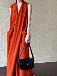 Slimming V-Neck Sleeveless Knot Waist Long Dress Summer Elegant Style Loose Straight Cut Vest Dress Polyester Fiber Long Skirt