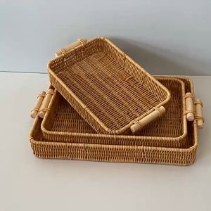 Plastic Rattan Inspired Basket Hand Woven Fruit Bread Rattan Tray Food Tray Kitchen Utensils Bathroom Toiletries Organizer with Handle