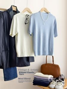 Intelligent Knitted T-Shirt Slimming Wool Vertical Ribs