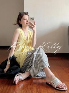 Rixo Street สไตล์ฝรั่งเศสฤดูร้อนใหม่สองทางสวมใส่กลับริบบิ้นเสื้อกั๊กเอวสูงกางเกงขากว้างลําลอง