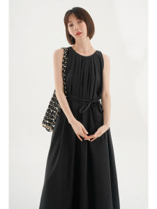 Summer Stylish Loose Slimming Tied Pleated Round Collar Black Sleeveless Vest Dress