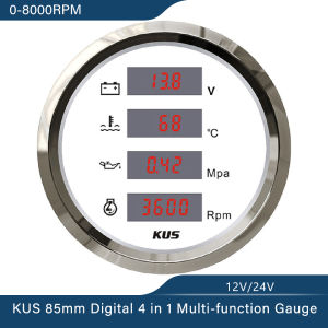 KUS 85mm Digital 4 in 1 Multi-function Gauge Oil Pressure Water Temp 25-120℃ 8000RPM Voltage 12V 24V with Red Backlight for Car