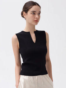French Elegant Black V-Neck Ice Silk Knitted Vest Women Summer Outerwear Slim Fit Sleeveless T-Shirt Shoulder Top