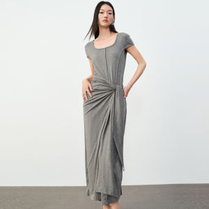 PEACEBIRD | Gray Lenzing Long Dress Waist-Cinching Slim Fit Bandage Dress Summer