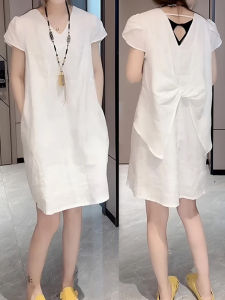 Shalldoer | Fashionable Butterfly Knot Lotus Sleeve Dress Womens Loose Slimming Midi Summer Dress Casual Style Short Sleeve V-neck A-line