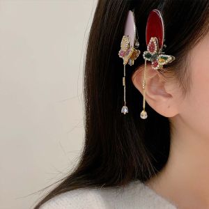 Retro Chinese Style Red Zircon Butterfly Hairpin Tassel Side Clip Elegant New Year Girls Fashion Jewelry Hair Accessories