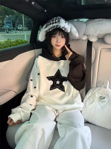 Retro American Patchwork Star Small Wings Shoulder Pure Cotton Hoodie Women Spring Autumn Versatile Trendy Top Casual Wear