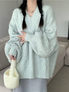 Thickened Soft Fleece V-Neck Sweater Womens Autumn Winter Knitwear: Comfortable Acrylic Blend Pullover with Long Sleeves