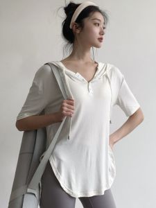 Womens Yoga Sportswear Loose Fit Training Top Summer Outdoor Running Casual Quick Dry Fitness T-Shirt Moisture Wicking Elastic Ultra Stretch Short Sleeve Hoodie