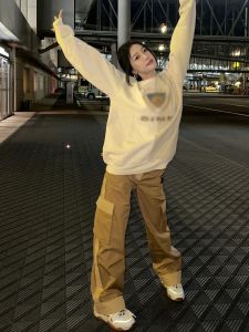 Hot Girl Wide Leg Workwear Pants Womens Fashion Kaki Straight Casual Trousers High Waist Zipper Pocket Loose Fit Spring Season