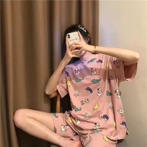 Summer Pajamas Womens Cute Sweet Nightdress Princess Style Floral with Chest Pad plus Size Homewear Suitable for Daily Wear Suit
