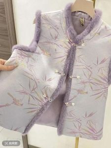 New Chinese Style Loose Cotton Liner Embroidered Silk Thickened Autumn Winter Womens Sleeveless Vest Traditional National Style