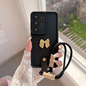 szhaiyu | 3D Gold Bow Phone Case for Samsung Galaxy S26 Ultra S25 Plus S24 S23 S22 S21 FE A16 A17 A35 A36 A55 A56 Wrist Strap Soft Cover