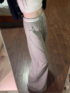 High Waist Floor-Length Casual Pants Womens Striped Wide Leg Trousers Lace Patchwork Straight Cut Autumn Fashion TINIKENG