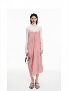 Acetate Blend V-Neck Velvet Asymmetric Pleat Dress