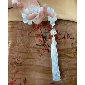 LianSheng White Cats Eye Stone Handheld Bracelet Hanfu Accessories Tassel Hand Twist Ancient Style Soft to the Finger Gift