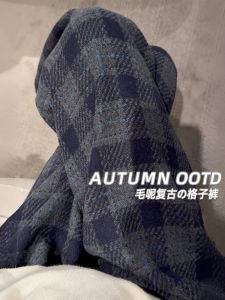 Gray Woolen Plaid Pants Womens Autumn Winter Loose Lazy Retro Checkered Fleece Wide Leg Pants Korean Style High Waist Trousers