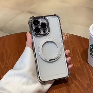 360° Rotatable Logam Magsafe Magnetic Stand Airbag Anti-fall Electroplating Transparent Acrylic Phone Case For iPhone 17 16 15 14 Pro Max Plus 13 12 11 Pro Max XR Wireless Charging Phone Cover Casing With Ring Holder With Glass Lens Films Protector