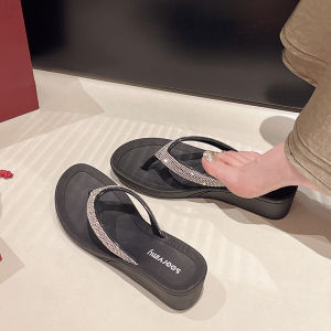 Womens Summer Fashion Thick Bottom Diamond Buckle Slippers Anti-Slip Casual High Heel PVC Material Easy to Wear